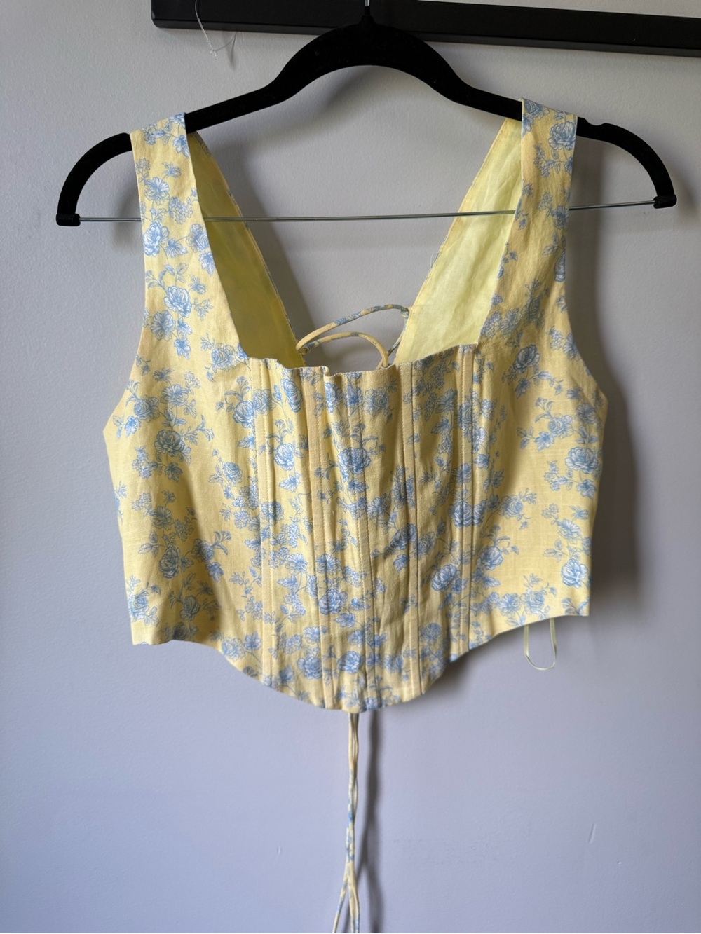 Yellow Floral Lace-Up Corset Crop Top